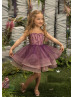 Beaded Purple Tulle Knee Length Heart Back Flower Girl Dress